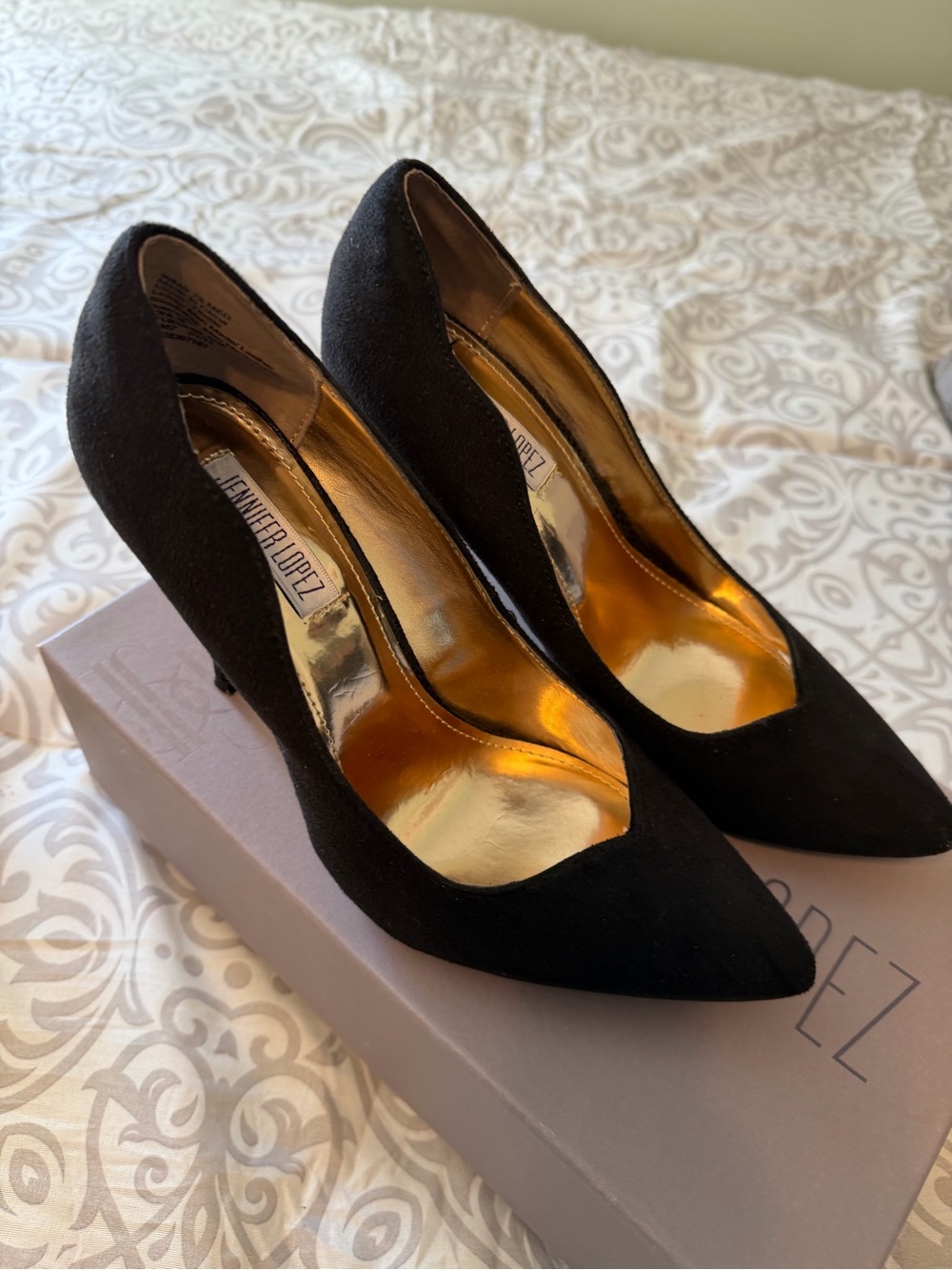 Jennifer Lopez Black Pointed Suede Heels with Gold Insole